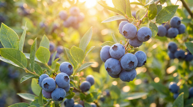 Gros plan de grappes de bleuets m&ucirc;rs sur une branche dans un champ inond&eacute; de lumi&egrave;re dor&eacute;e