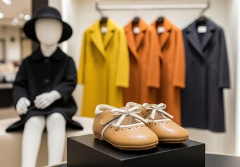 Brown leather shoes on display with mannequin and colorful coats in background
