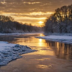 sunrise over the river. Golden sunrise reflecting on river, peaceful winter atmosphere