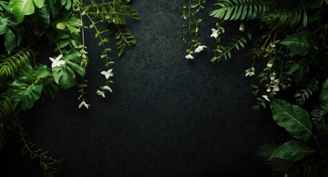 richly layered tropical foliage with trailing plants on a smooth black texture background