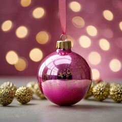 christmas tree decorations, Shiny pink bauble with sparkle reflections, soft focus background, festive