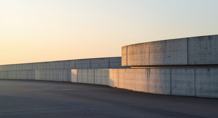 Dawn light revealing texture of a two layered gray concrete block retaining barrier