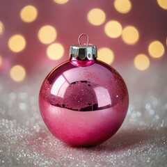 red christmas ball, Shiny pink bauble with sparkle reflections, soft focus background, festive