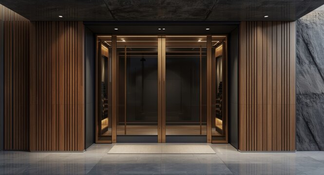 Upscale modern entrance with double glass doors bordered by timber cladding and gray accent elements copy space