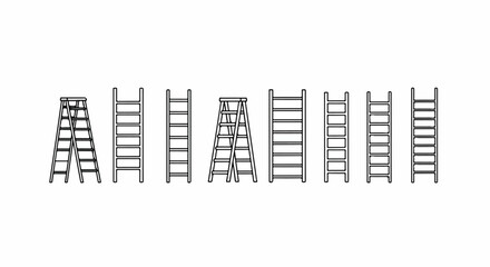 A collection of various types of ladders and scaffolding equipment arranged in a row. Vector © Alex