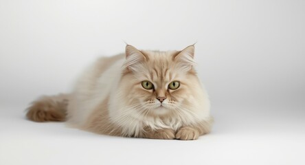A peaceful cat resting on a pristine white background