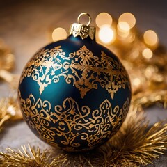 golden christmas ball, Close-up of artisan ornament with intricate patterns and gold details, warm cozy lighting