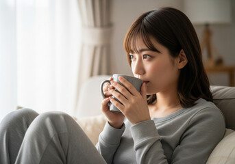 窓辺で温かい飲み物を手に、静かな休息のひとときを過ごす女性