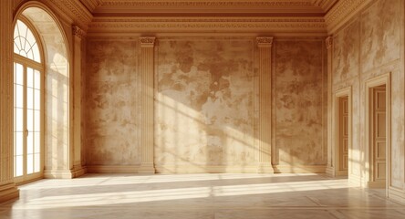Fototapeta premium Radiant mansion interior highlighting stucco wall textures large vertical windows and square columns copy space