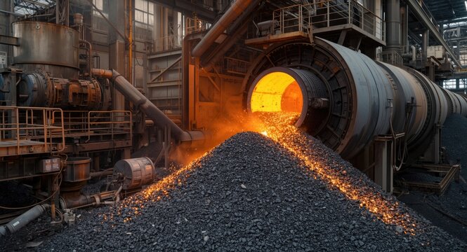 Steel plant showing converter in action dumping hot slag alongside industrial machinery