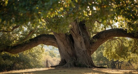 Fototapeta premium A stately tree boasting a solid textured trunk and large branches heavy with fresh green leaves softly trembling
