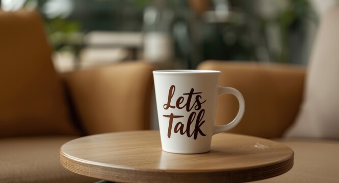 Coffee cup showing LETS TALK in a relaxed cafe setting urging open communication with loved ones and bosses