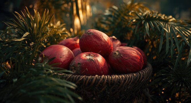 Zoomed in view of vivid red babassu coconuts nestled in a woven basket surrounded by thick palm leaf clusters