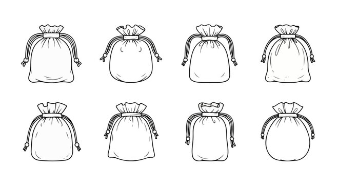 Assorted drawstring bags with various patterns and designs Vector