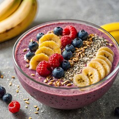 muesli with berries, Colorful smoothie topped with chia seeds, banana slices, berries, bright clean background