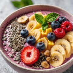 breakfast cereal with berries, Colorful smoothie topped with chia seeds, banana slices, berries, bright clean background