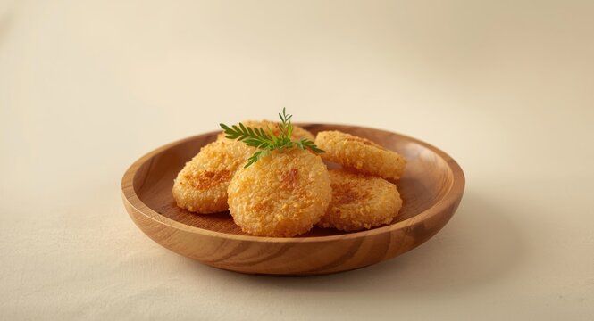 Wooden serving plate holding crispy Jipang Beras Brondong sweet snack garnished with fresh herbs