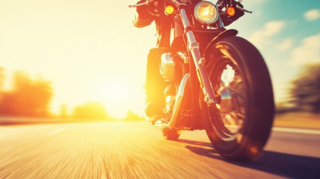 Motorcycle rides down a road at sunset with sunlight shining bright