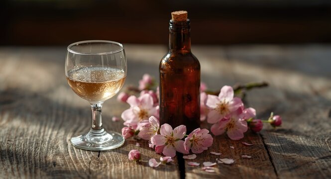 Rustic scene featuring hard cider glass, plain bottle, and fresh apple blossoms on a natural surface