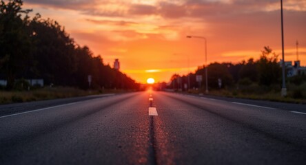 Sunset glow casting warm hues over a vacant asphalt roadway during summer
