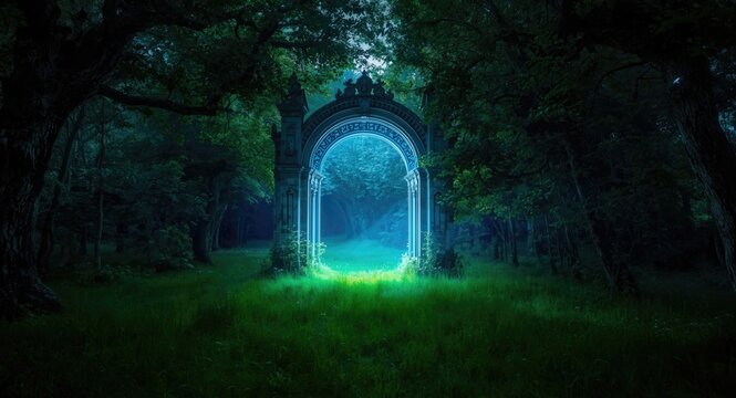 Otherworldly arch glowing bright blue in deep forest with lush grass spread beneath