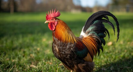 Majestic rooster captured mid crow on natural farm lawn