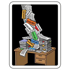 Deadline Pressure Overwhelmed Desk with Falling Papers, Stressful Workload Vector Illustration