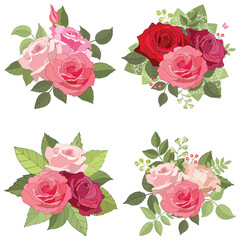 Naklejka premium Vintage floral arrangement on a white background. A collection of roses and peonies. A set of pink and red flower bouquets with red leaves. A card and invitation for a wedding