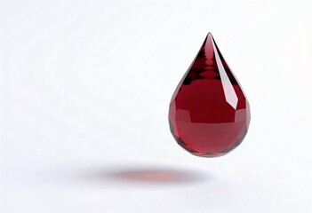 Fototapeta premium Single faceted ruby gemstone drop suspended in air with soft shadow on white background