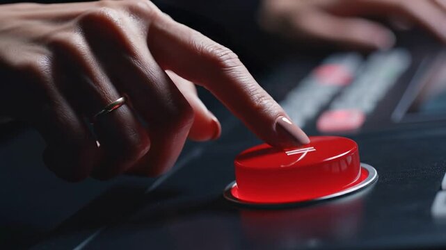 psychology of money concept. Finger about to press a large red "call" button on a control panel.