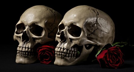 Two skeletal skulls with red roses against a black shadow background