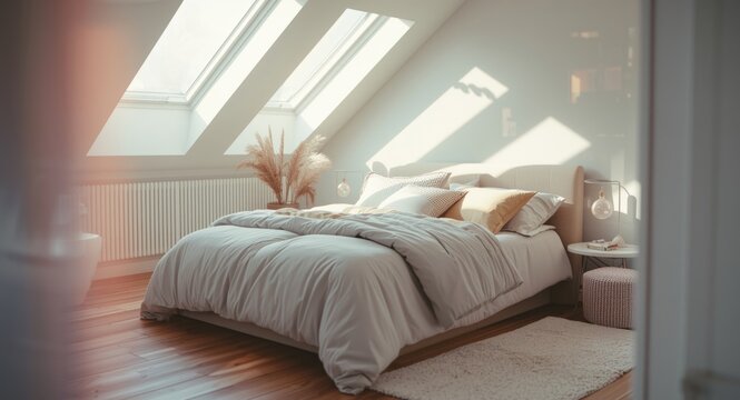 Modern Scandinavian bedroom featuring white bed and natural skylights