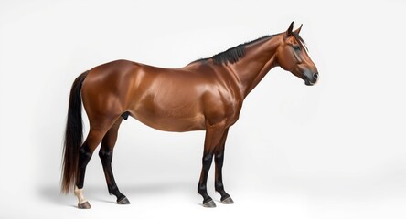 Obraz premium profile of a brown horse with white facial marking standing full length on a white minimalist background