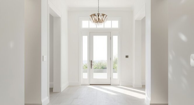Open front hall space with transom window door and coastal pendant light creating breeze feel