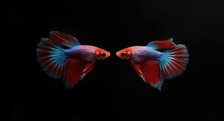 Fototapeta premium Siamese fighting fish in bright red and blue hues set against a smooth black textured background