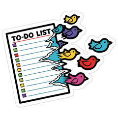 Completed Tasks Birds Flying from To-Do List Sticker Illustration