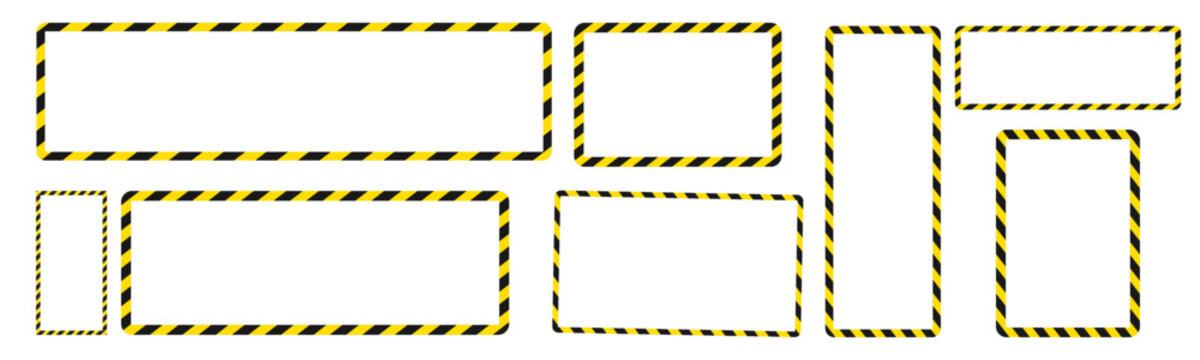Black yellow caution stripes square frames collection. hazard warning tape design, attention and safety. vector illustration.