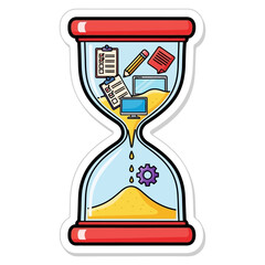 Time Management Concept Hourglass with Office Tools Sticker Illustration