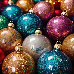 Sparkling multicolor ornaments with glitter texture, abstract festive backdrop, high resolution, vibrant holiday