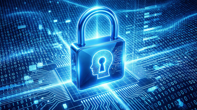 A glowing blue padlock with a human head and keyhole on a circuit board background with binary code
