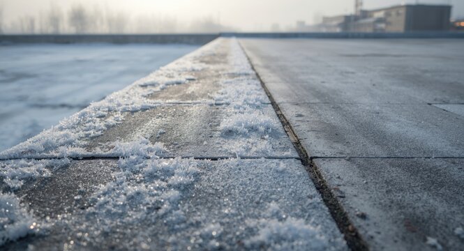 Thin frozen layer on an old flat roof in cold season
