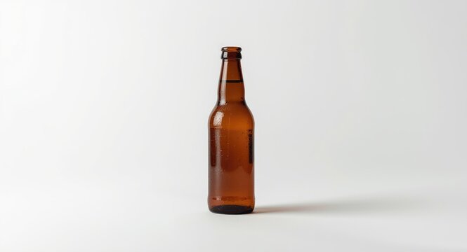 Clear view of empty brown beer bottle set on plain white backdrop