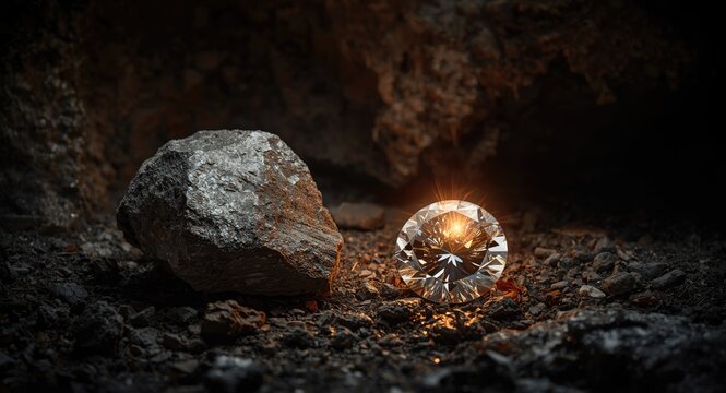 Underground mining of minerals showing rough diamond beside cut diamond jewel