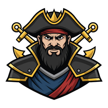 Fierce Pirate Captain with Crossed Anchors Emblem Vector Illustration