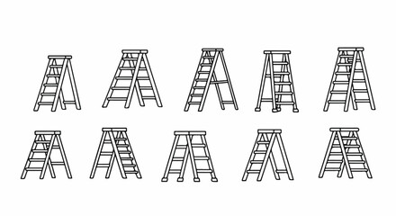 A variety of ladders with different designs and configurations displayed in a row Vector © Alex
