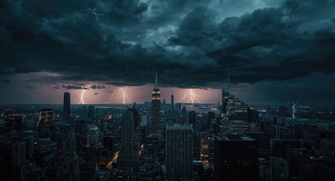 Stormy urban skyline under a sky crowded with dark clouds and electric flashes of lightning amid rolling thunder