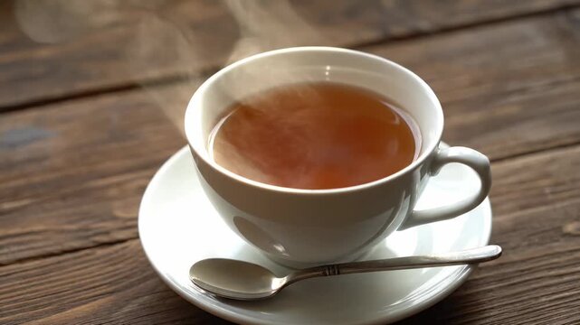 A cup of tea on a saucer with a spoon, steam rising from the beverage