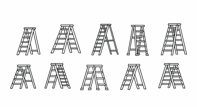 A variety of ladders with different designs and configurations displayed in a row Vector