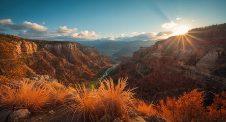 Mountain canyon glowing with sunlight and surrounded by orange grasses and autumn foliage
