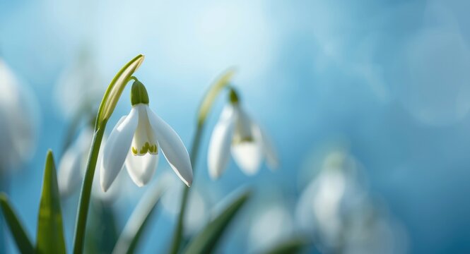 Macro perspective on budding snowdrop flowers captured in spring against blue backdrop